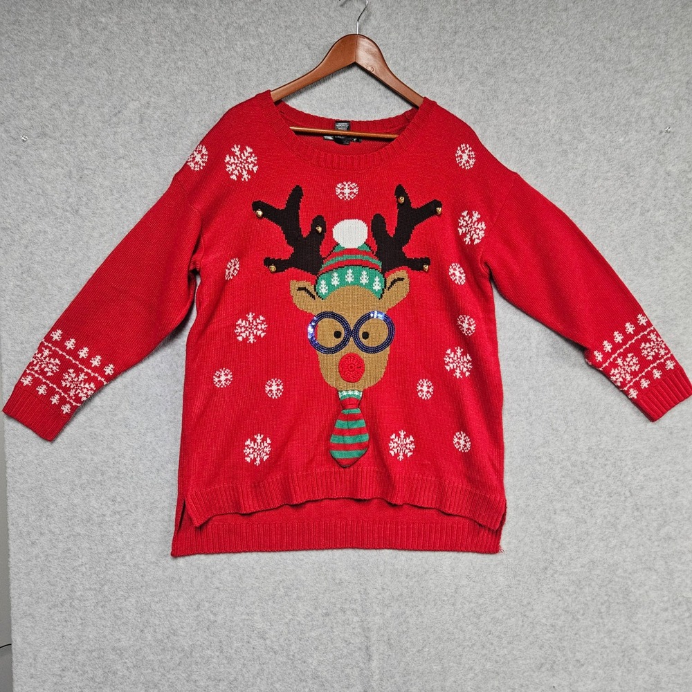 United States Sweaters Pullover Womens 1X Red Reindeer Sequin Holiday S62386W